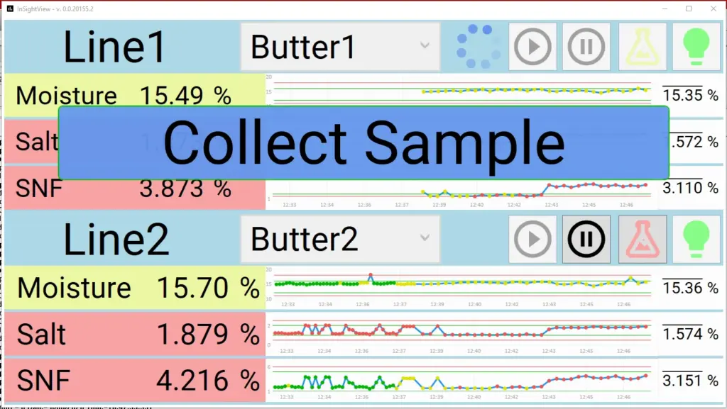 Bildschirmfoto von InSightView für InSight Pro Inline-Analyse. Verschiedene Parameter. Probe nehmen.