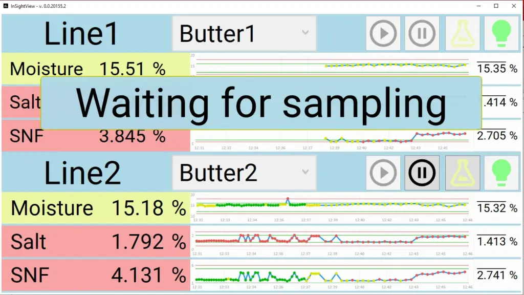 Bildschirmfoto von InSightView für InSight Pro Inline-Analyse. Verschiedene Parameter. Warten auf die Probenahme.